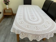 Vintage Handmade Spanish large Crochet white Tablecloth Oval 88”x 48” 