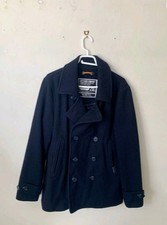 Superdry Men’s Navy Peacoat Jacket Size 2 XL Slim Fit Double Breasted Wool Blend