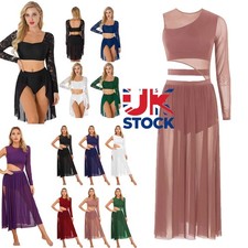 Womens 2-Piece Lace Asymmetri Lyrical Dance Crop Top Briefs Dress Dance Costume
