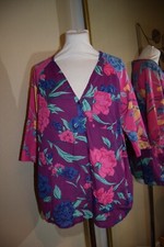 East Fine Cotton Floral Block Print Blouse Popover Top Purple Pink Blue 8 10