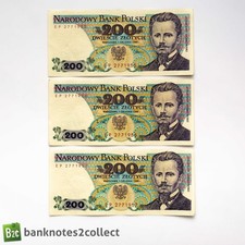 POLAND: 3 x 200 Polish Zloty Banknotes with Consecutive Serial Numbers.
