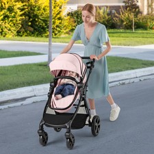 2-in-1 Foldable Infant Carriage w/Reversible Seat & Adjustable Canopy-Pink
