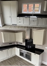 Shaker Kitchen Complete Beige/Grey, Black Granite, Smeg Appliances, Belfast Sink