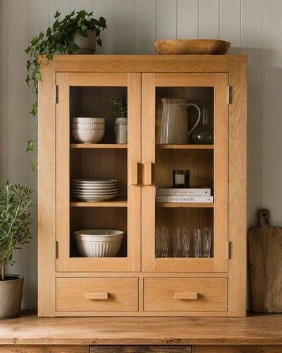 Oak glazed wall cabinet - oak,
