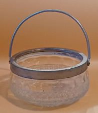Vintage Cut Glass Sugar  sweet Bowl with metal rim and handle