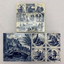 3 x Delft Blauw Hand Painted 6" x 6" Blue Tiles. GC. With Wall Hangers. Used.