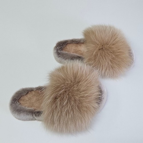 Beige fur slippers fox mink - beige,