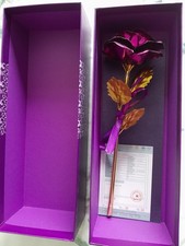 24K Gold Plated Rose Flower Long Stem Purple Valentines Christmas Gift Boxed