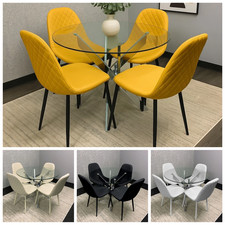 Modern Glass Round Dining Set with 4 Leather Chairs Dining Room Furniture Set