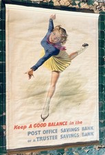 Original Large 1940-50’s Post Office Savings Bank Ice Skater Poster By Le Bon 