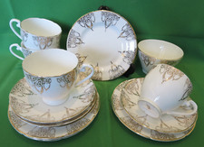 Vintage Made in England Bone China Filigree Trios x4 + Sugar Bowl