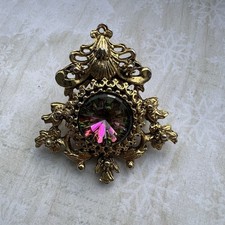 Vintage Gold Tone Filigree Brooch With Watermelon Rivoli Crystal