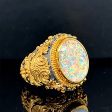 925 Mens Silver Gold Engraved Opal Ring, Fire White Gold Opal Ring