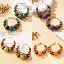 Bohemian Wooden Bead Hoop Earrings Natural Tone Ethnic Woven Style Jewellery