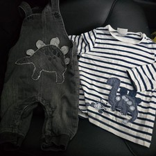 Boys 3-6 months Next dinosaur denim long Dungaree trousers top 2Piece Outfit Set