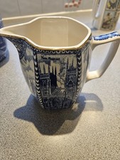 Vintage Ringtons By Wade Ceramics  Cathedrals Blue White 6" tall Milk Jug