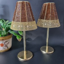 Pair Of Gold Beaded Candlestick Tea Light Holders With Beaded Shades