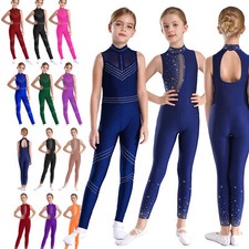 Kids Girl Shiny Mesh Splice Unitard Catsuit Gymnastics Leotard Jumpsuit Bodysuit