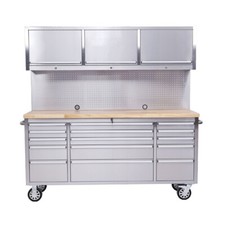 72" Stainless Steel 15 Drawer Tool Chest, Wooden Top, 3 Cabinets & Peg Board