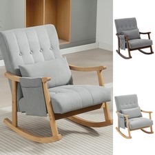 Rocking Chair, Upholstered Accent Armchair Natural Finish with Lumbar Pillow