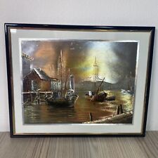 Foil Art Print Picture Wharf Pier Ships Scene Optical Illusionary