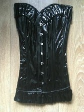 Black Faux Leather Boned Moulin Rouge Hook Basque Corset Xmas Party + Thong