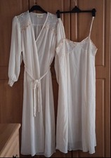 Vintage White Lace Lingerie Night Gown & Peignoir Silky Slippery Satin With Lace