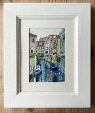 ‘Blue Boats’ Venice, Original Signed Watercolour Painting in Glazed Wooden Frame
