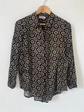 Fabindia Blouse Small Black Indian Cotton Button Down Shirt Relaxed Collar Block