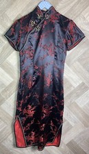 Vintage Golden Bee Red Floral Traditional Oriental Cheongsam Dress Size 34 UK 6