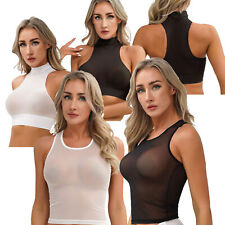 UK Women's Ultra-thin Sexy Tanks Tops Oil Shiny Turtleneck Sleeveless Tight Vest