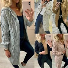 Womens Ladies Chunky Cable Knitted Oversized Longline Hooded Cardigan Cape Top