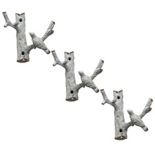 3PC Cast Iron Wall Bird on Branch 6 Hooks Coat Key Rack Metal Shabby Chic Grey