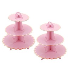 2x Pink Gold Scallop 3-Tier Cardboard Cupcake Dessert Display Stand Holder