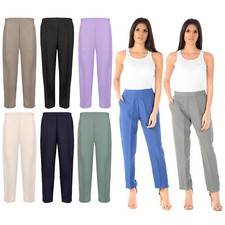 LADIES WOMENS HALF ELASTICATED STRETCH WAIST WORK OFFICE TROUSERS POCKETS PANTS