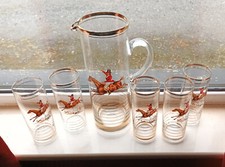 Vintage Horse Fox Hunting Scene Glass Pitcher Jug X 5 Tumblers 60s/70s