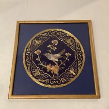 Vintage Chinese Blue Silk Bird Flower Moth Hand Embroidery Textile Golden Thread