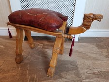 Vintage Hand-Carved Camel Footstool with Leather Cushion – Decorative Ottoman.