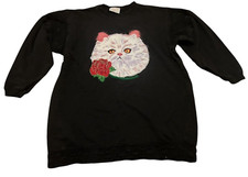 Vintage TON SUR TON White KItty Cat Black Lace Pullover Sweater Shirt M