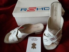 Ladies Rohde White Leather slip-on Sandals, UK 5, Low Block Heel & Silver detail