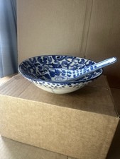 Vintage Chinese Ceramic Small Rice Soup Bowl with Spoon Blue and White