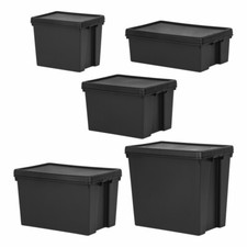 Recycled Heavy Duty Plastic Storage Box Black Container Clip Lid Indoor Outdoor
