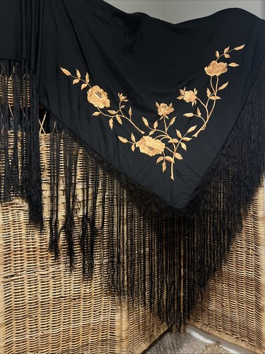 Vintage black silk - black, embroidered