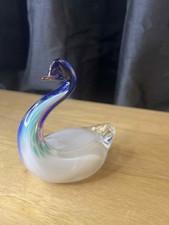 Avondale Glass Swan Sculpture, White blue, Figurine 1990s Blown Glass Vintage