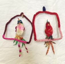 Vintage Christmas 1950s Japan, Chenille Pipe Cleaner Tropical Birds on Perch x 2