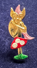 LUCKY CORNISH PIXIE ON MUSHROOM ENAMEL GOLD TONE PIN BADGE