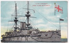 HMS Majestic First Class Battleship Colour Postcard c.1907 Used Naval Ship