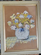 Large Original Vintage Still Life Flowers Oil Painting on Brown Paper 60x77cm