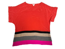 Monsoon Womens Coral Red Striped Silk Short Sleeve Oversize Tunic Top Large