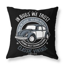 In Bugs We Trust VW Beetle FILLED CUSHION Zip Designer Black